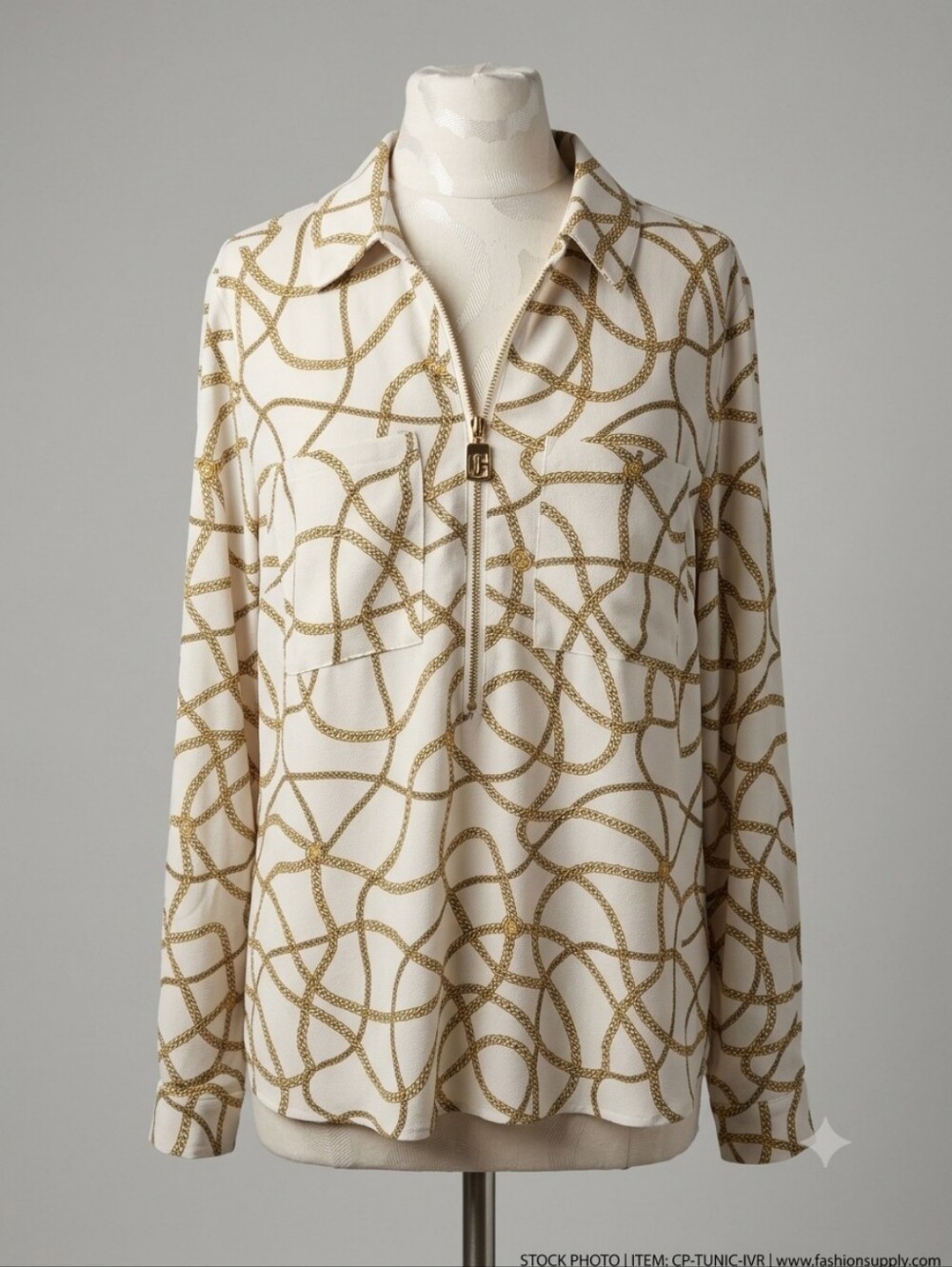 Michael Kors Cream Long-Sleeve Zip Front Blouse with Gold Rope Print, Size XL